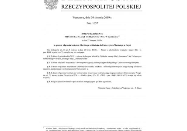 Rozporządzenie ministra nauki i szkolnictwa wyższego w sprawie włączenia Instytutu Morskiego w Gdańsku do Uniwersytetu Morskiego w Gdyni.